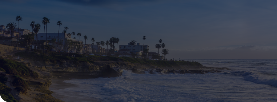 Coastal homes and palm trees overlooking a rocky shoreline and ocean waves